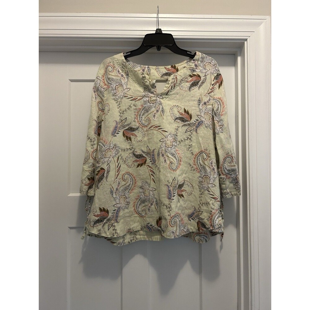 J.Jill Love Linen Floral Paisley Lightweight Tie 3/4 Sleeve Blouse Large Preppy